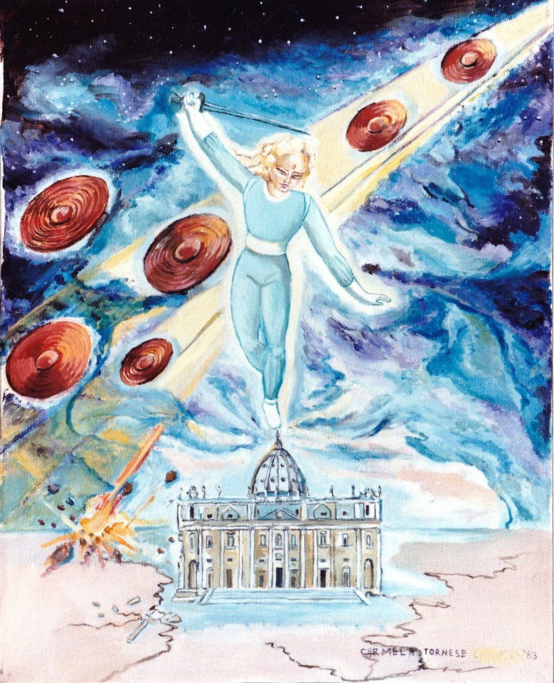 Dipinto di Carmela Tornese sulla chiesa e l'arcangelo michele